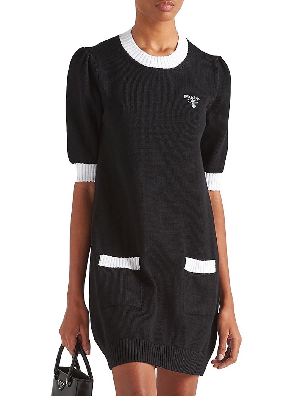 Prada Black Short-Sleeve Cotton Knit Dress with White Trim size M